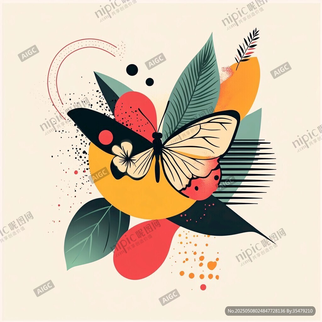 蝴蝶与花叶的灵动插画