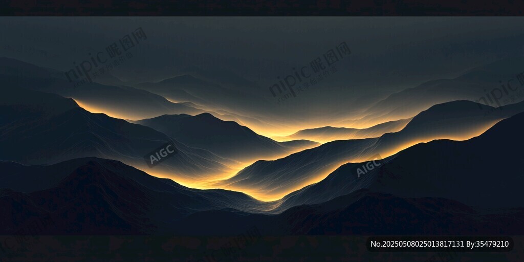夜幕下山峦间的金色光影