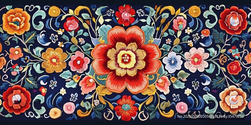 绚丽花卉民族风刺绣图案