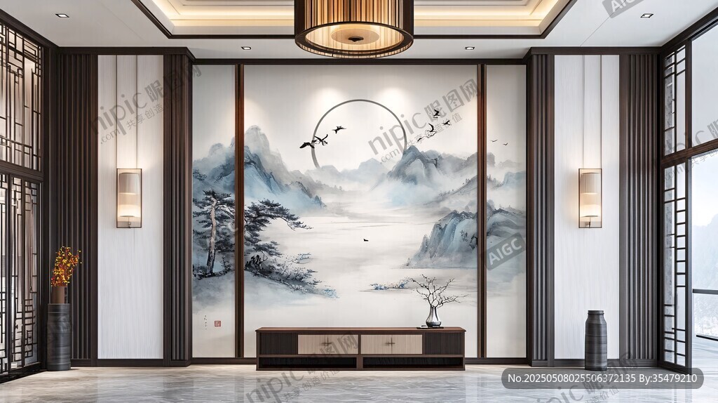 中式客厅水墨山水背景墙