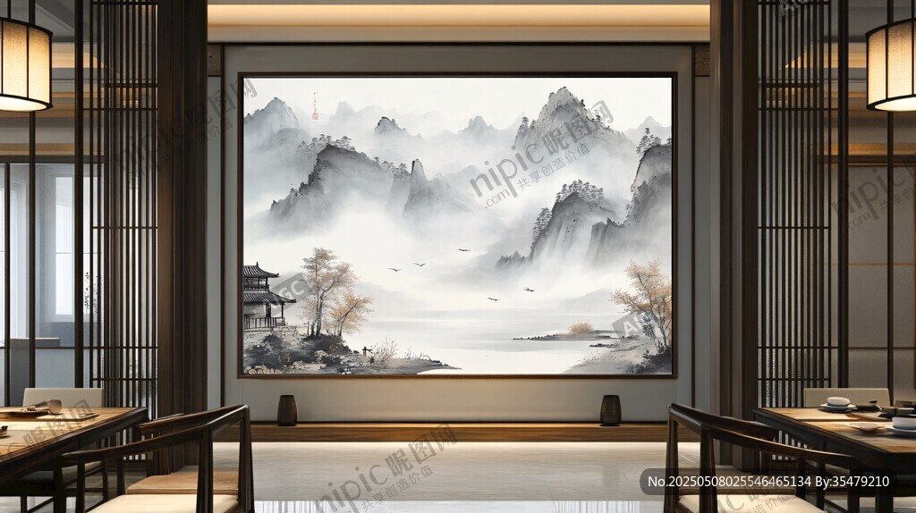 中式茶室山水壁画装饰