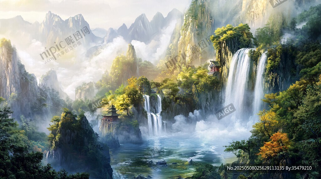 山水瀑布间的诗意自然美景