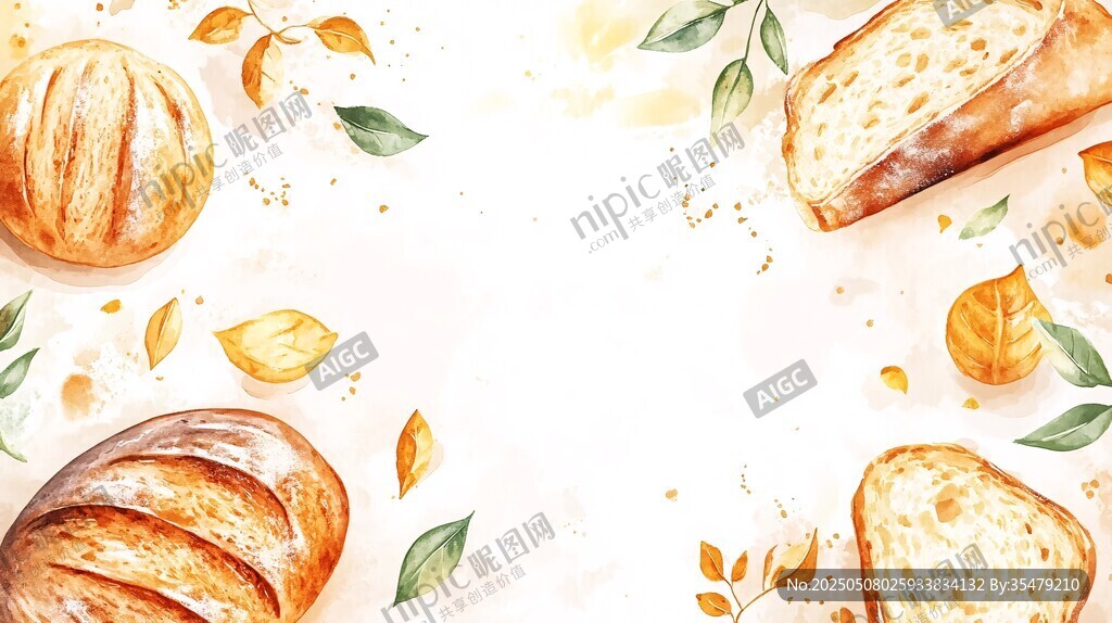 水彩风面包与秋叶装饰图