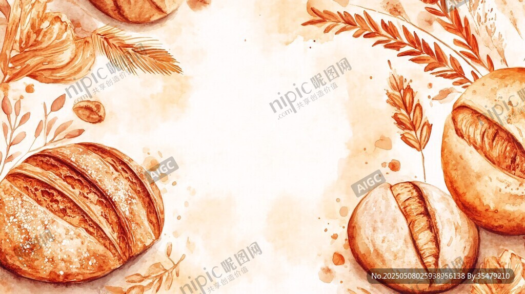 水彩风面包与麦穗装饰图