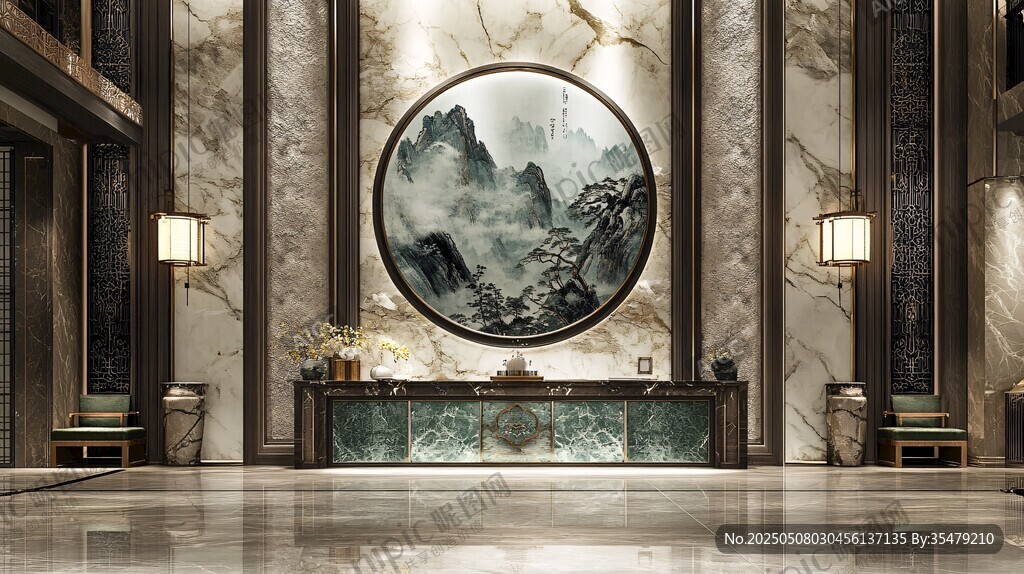 中式大厅山水圆画装饰景