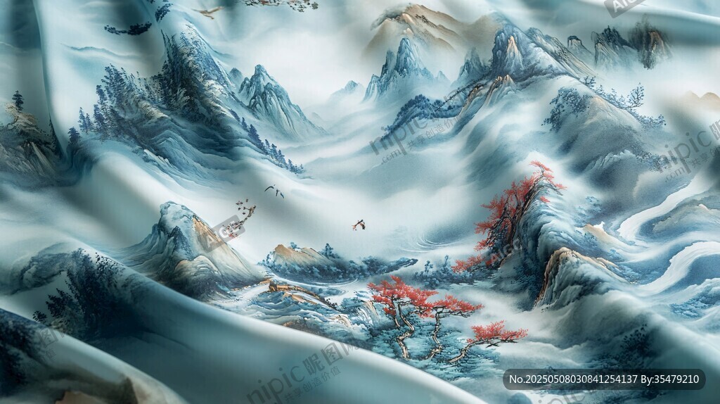水墨山水丝绸画意境悠远