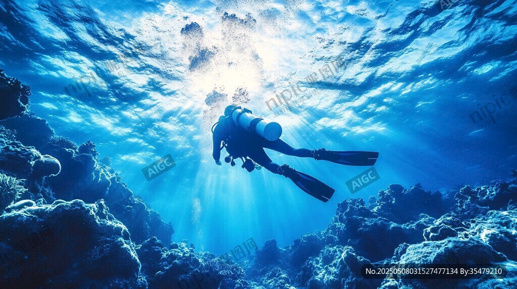 潜水者畅游海底梦幻世界