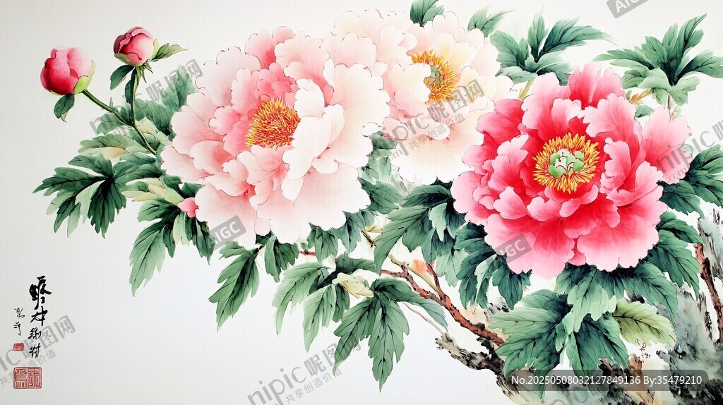 国画牡丹图 繁花绿叶