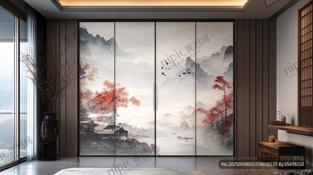 中式山水屏风雅致室内景