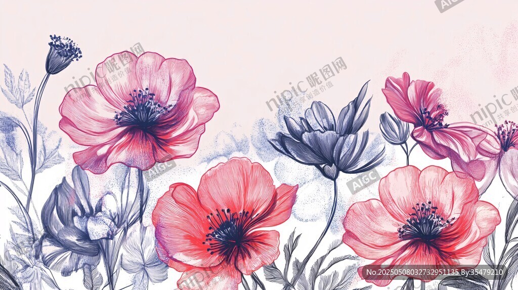 手绘风粉色蓝色花朵插画