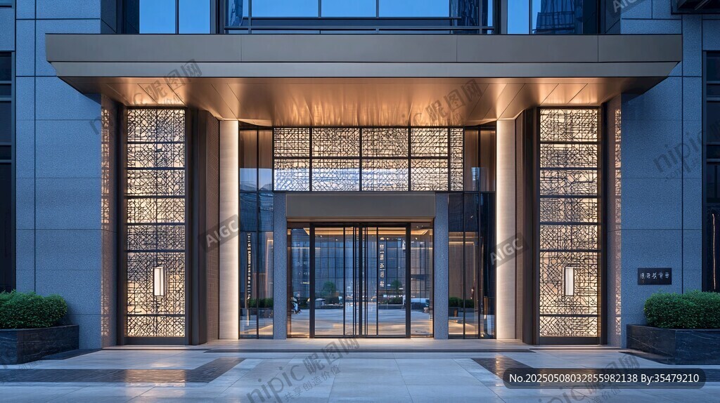 现代奢华建筑入户门夜景