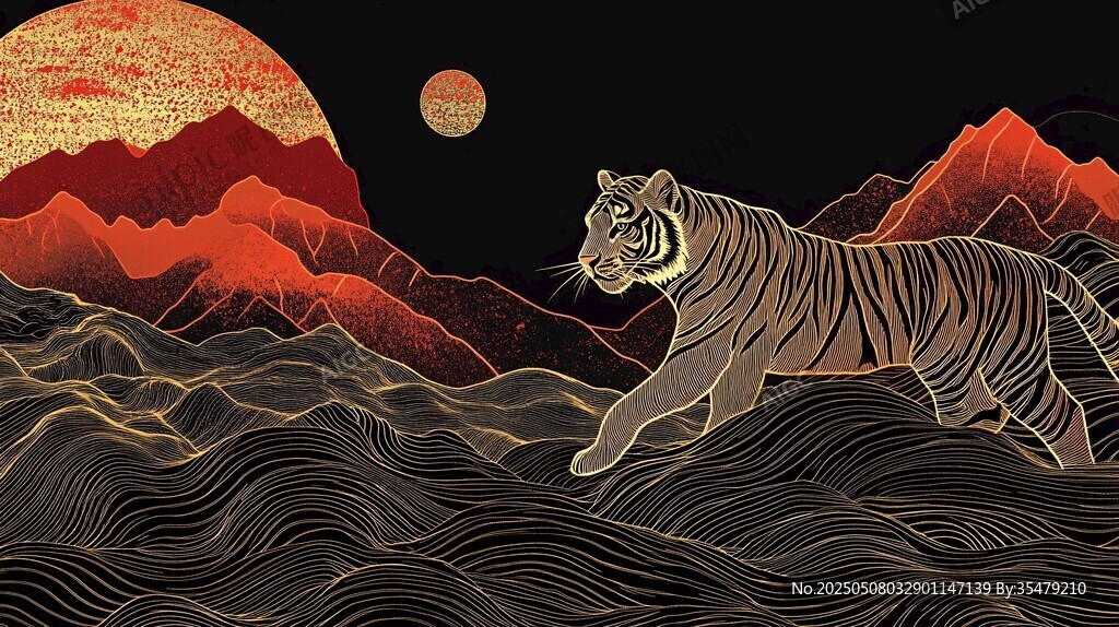 猛虎踏浪行于山川月色间