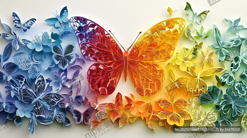 彩虹蝴蝶花卉立体艺术图