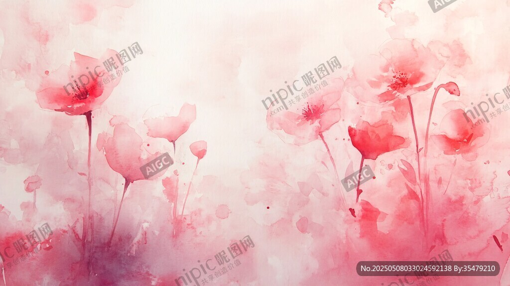 梦幻粉色花卉水彩画