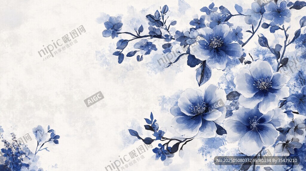 蓝白花卉背景图