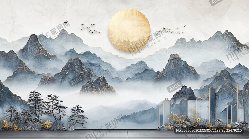 水墨山水间的落日盛景