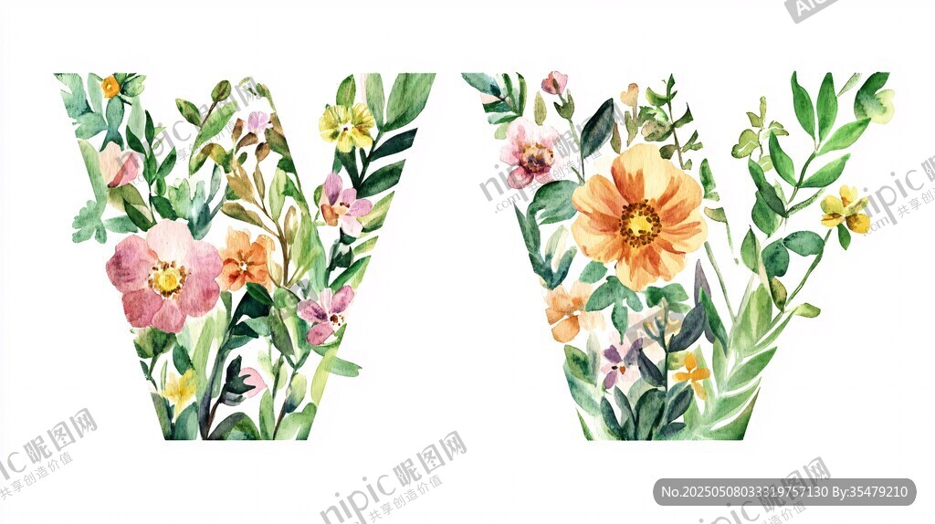 花卉装饰字母V和W
