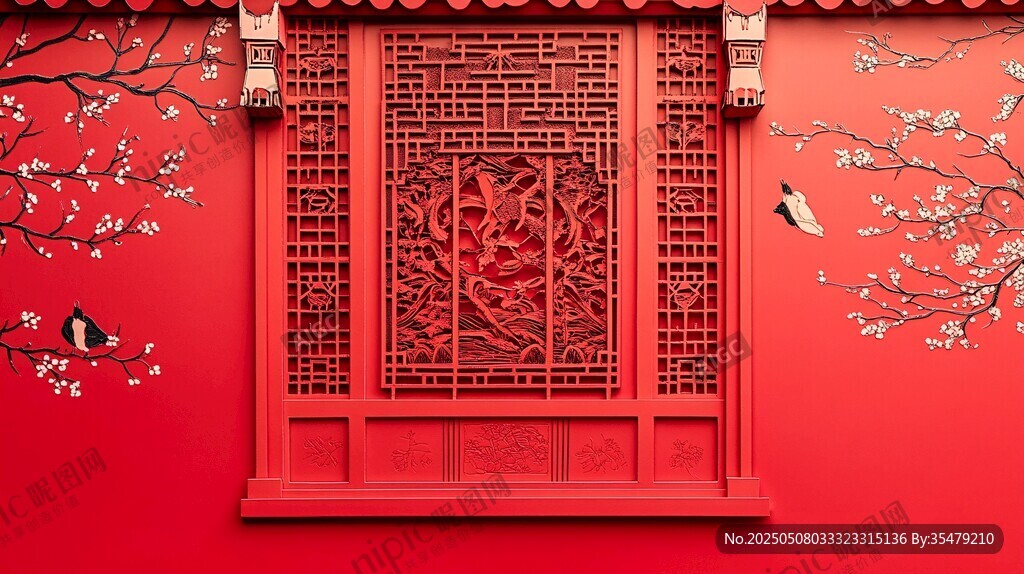 中式红墙花鸟雕花窗景