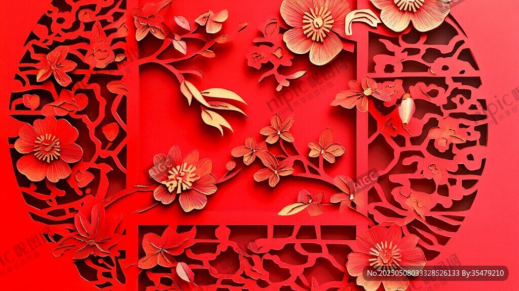 中式红色剪纸风花卉图案
