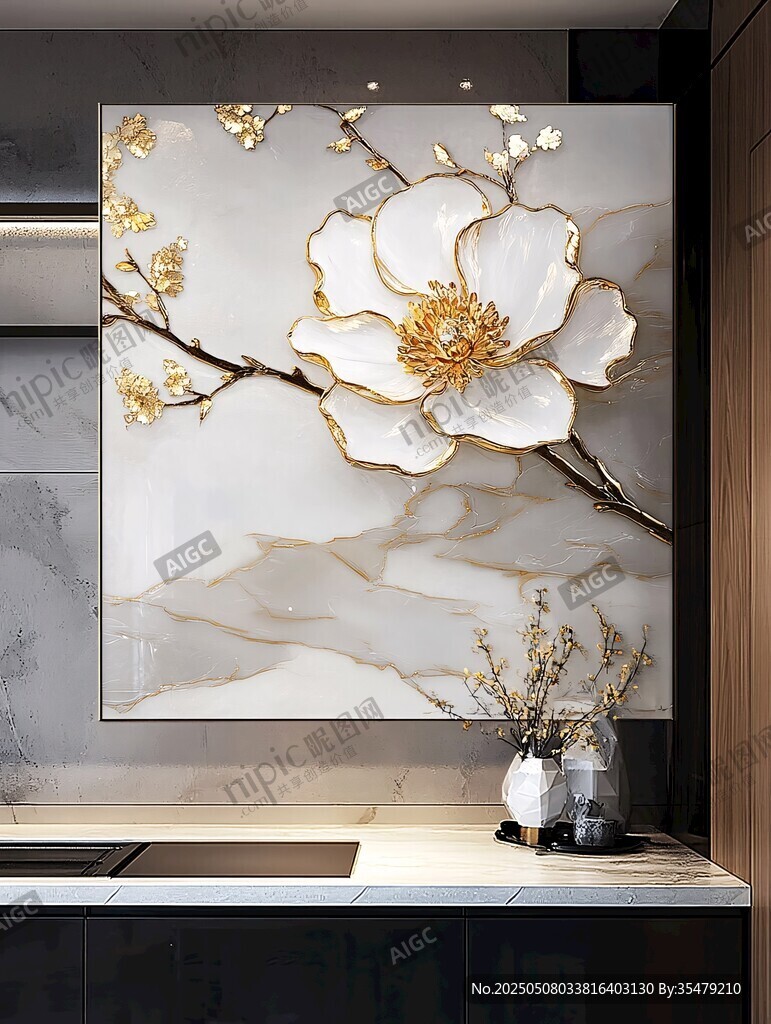 中式轻奢花卉艺术装饰画