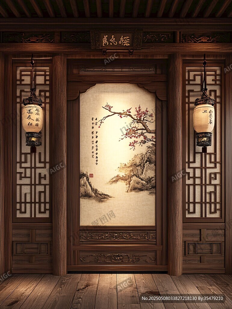 中式古典木雕玄关装饰画