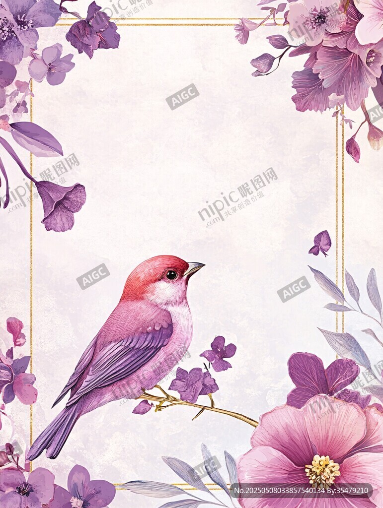 紫花旁的红顶小鸟