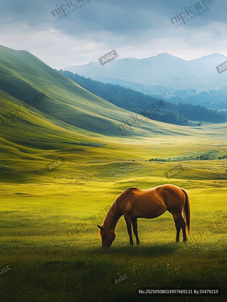 草原骏马悠然吃草图景