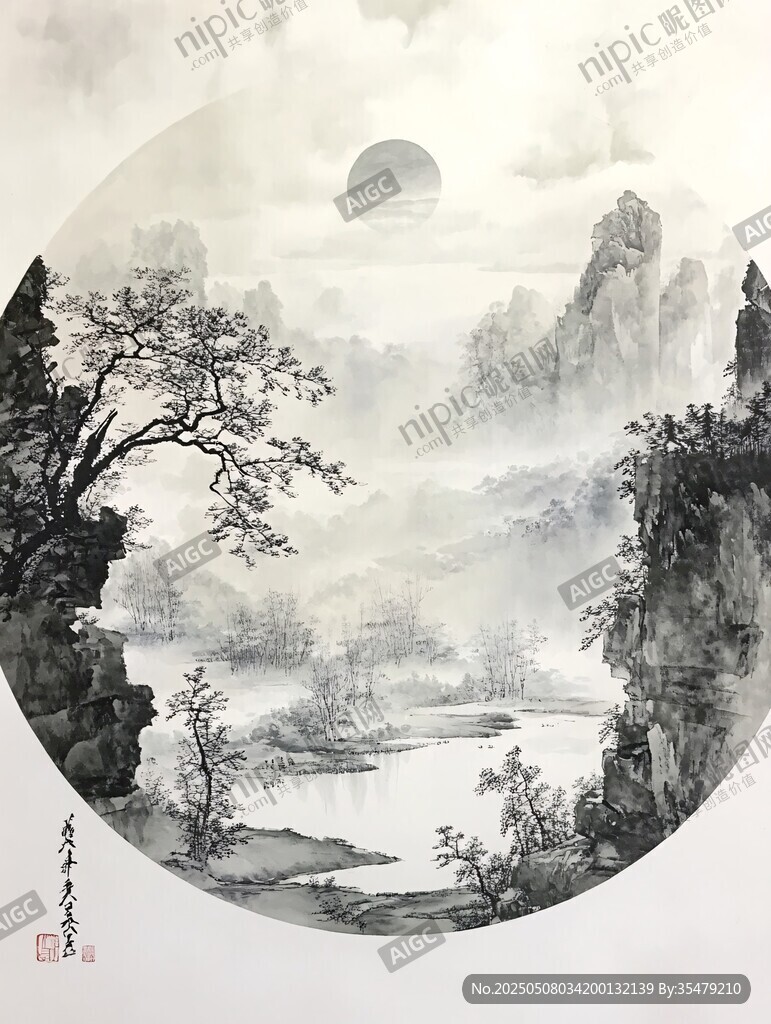 水墨山水间的月夜幽景