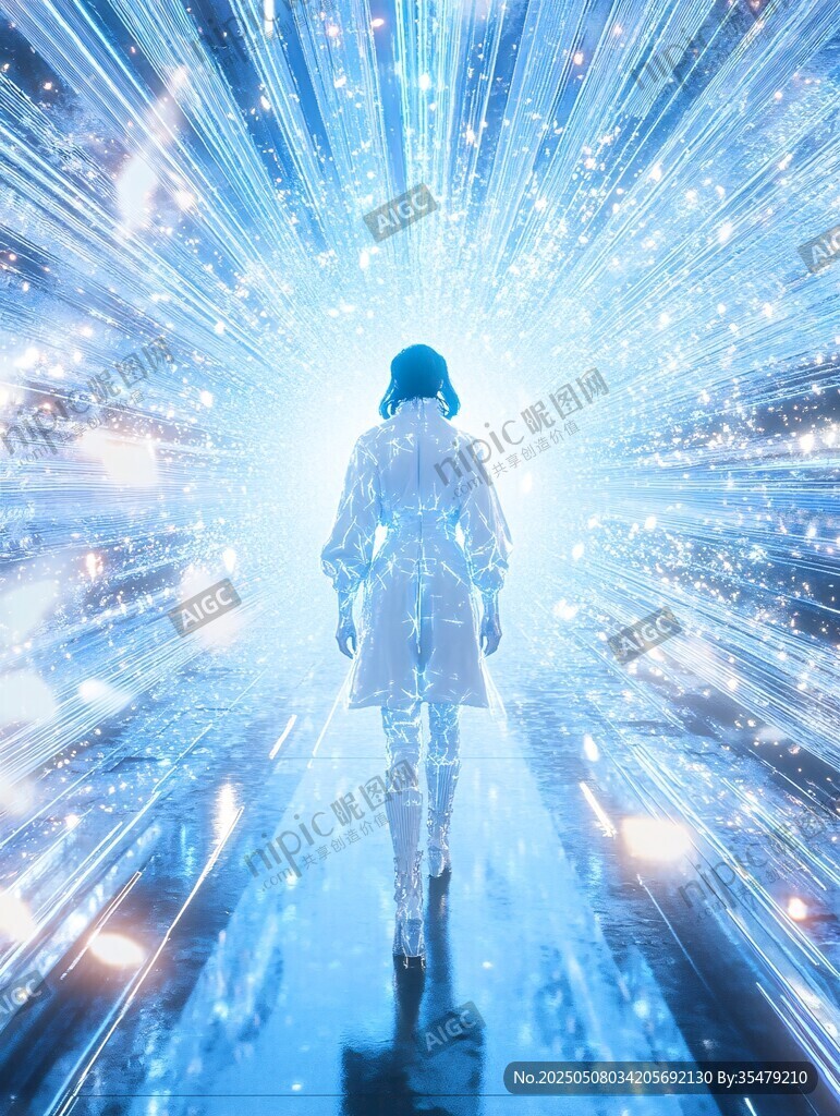 未来女性漫步科技光影隧道