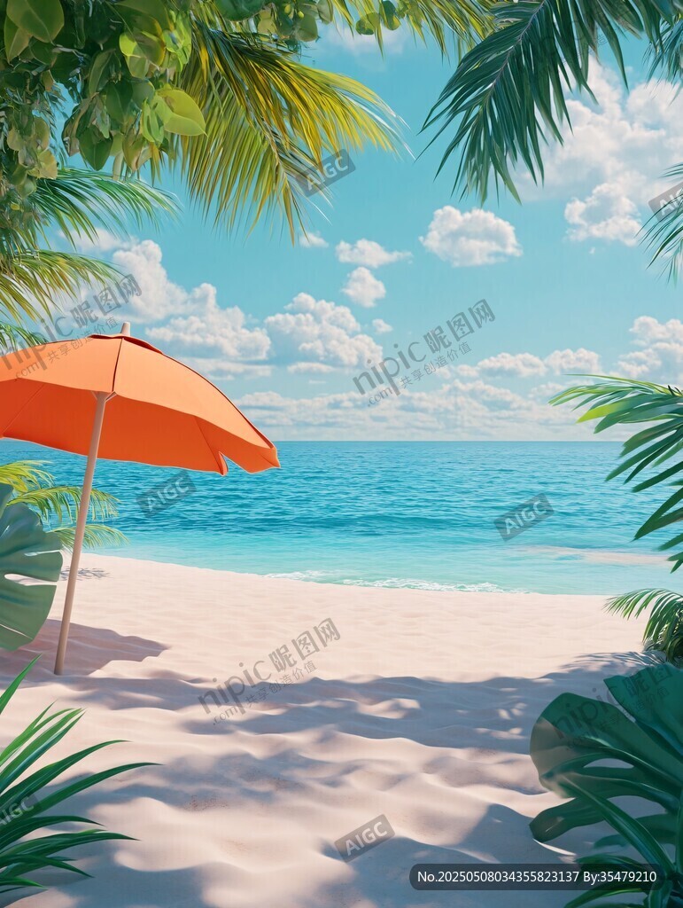夏日沙滩遮阳伞海景风光