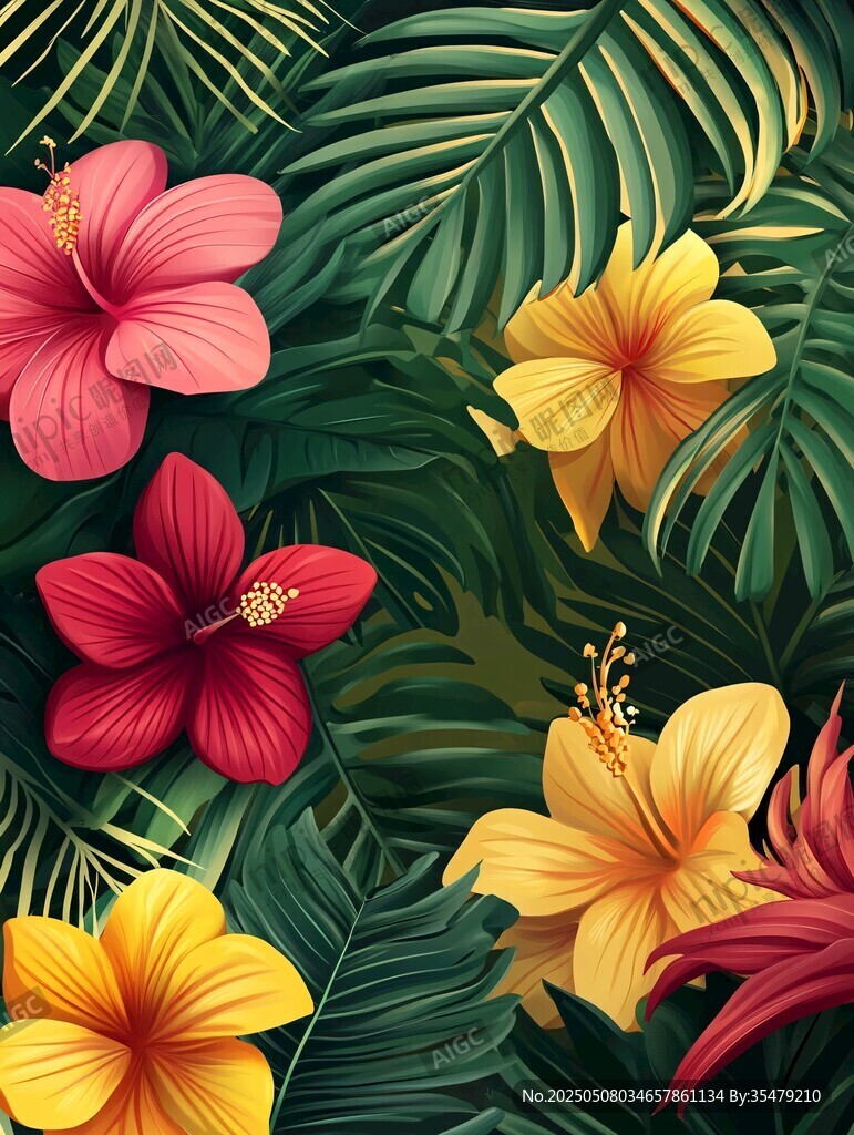 热带花卉与绿叶的绚丽组合