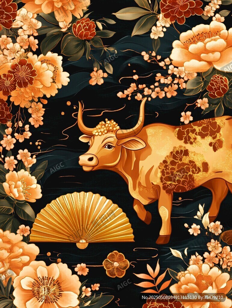 金牛伴花呈祥中式图景