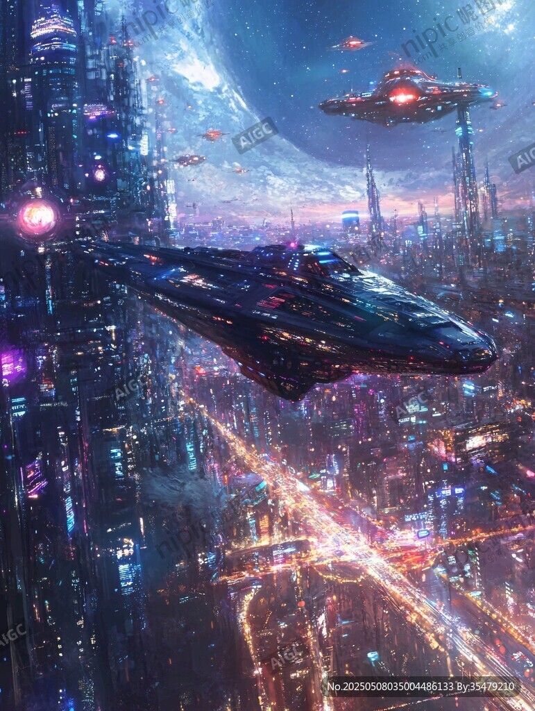 未来都市中的星际飞船景观