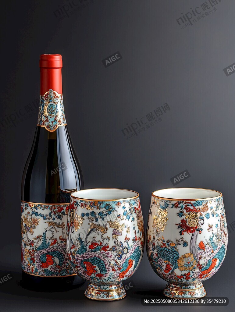 中式花纹酒瓶与酒杯组合