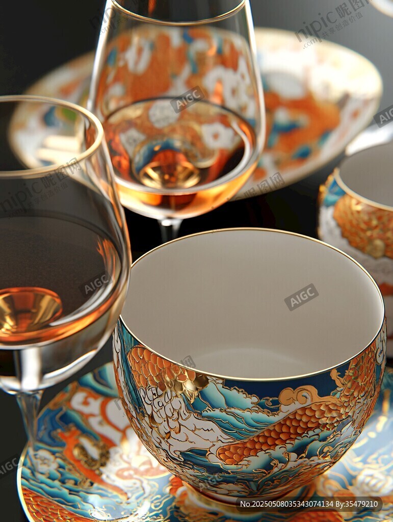 精美中式风餐具与酒杯