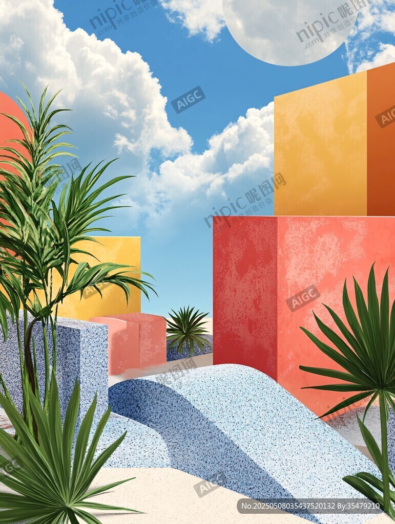 多彩几何空间中的绿植景观