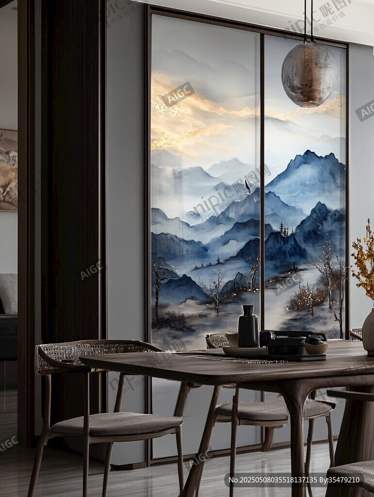 中式山水屏风餐厅雅致场景