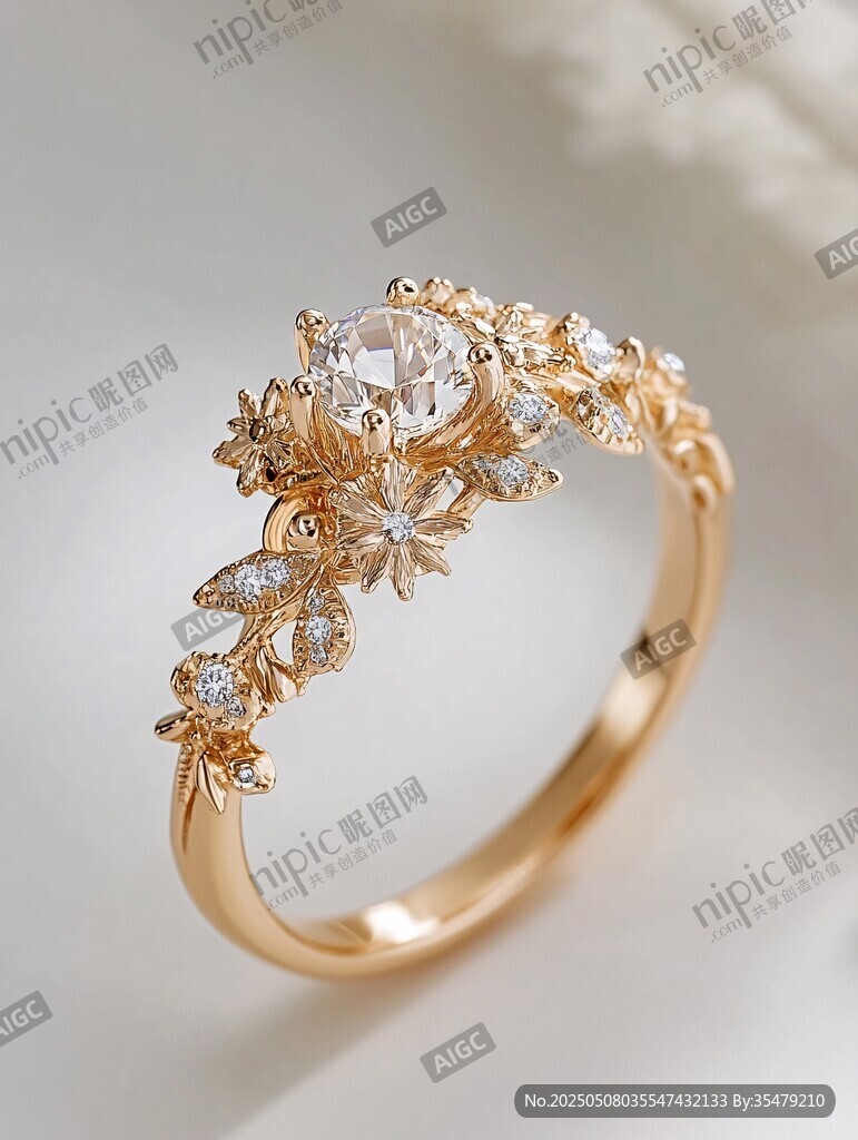 奢华金镶钻花卉造型戒指