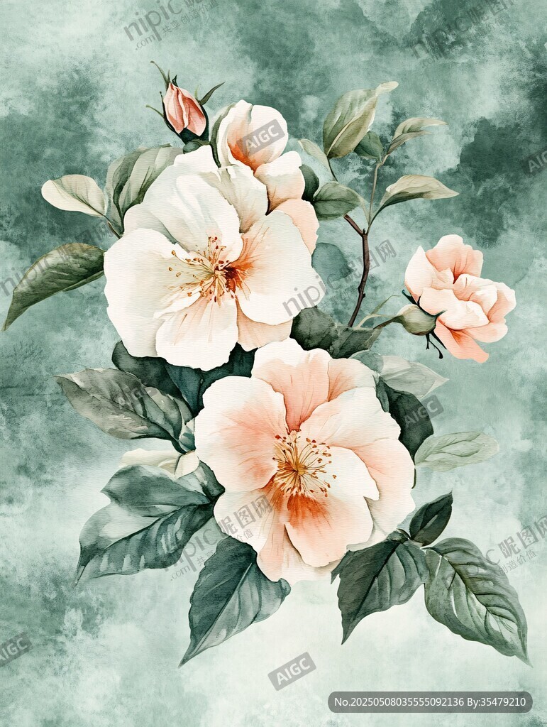 淡雅粉白花卉水彩插画