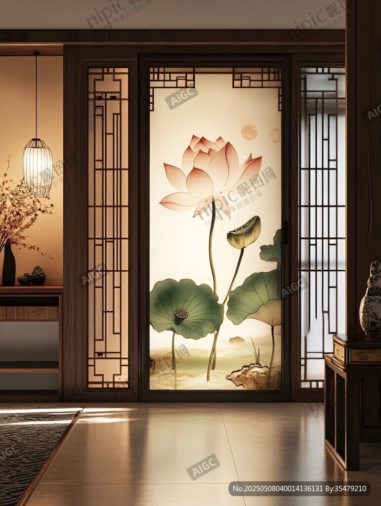 中式屏风上的清雅荷花图