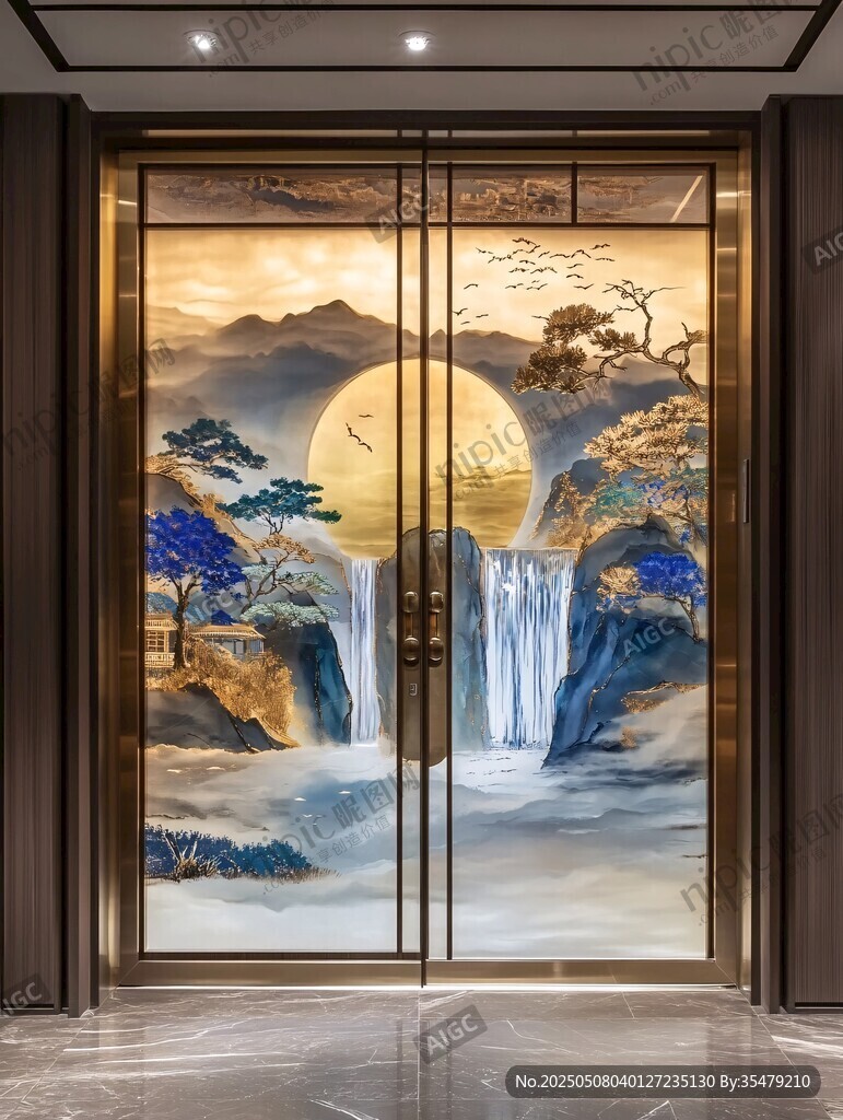 中式山水艺术双开玻璃门