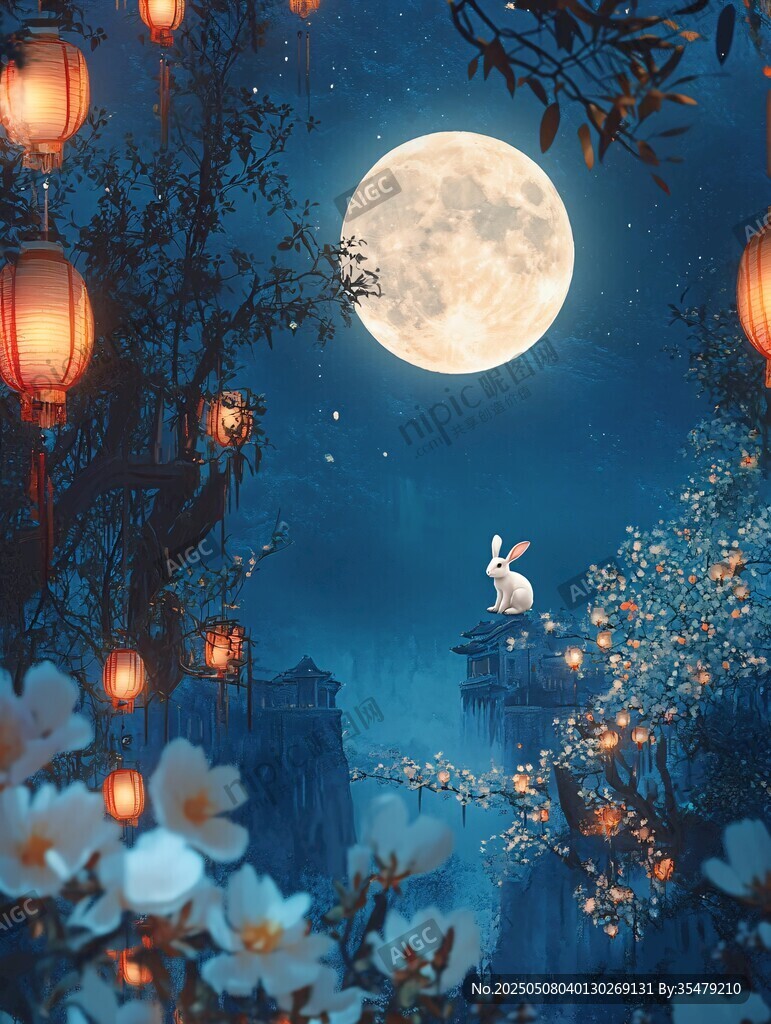 月夜玉兔伴花灯美景