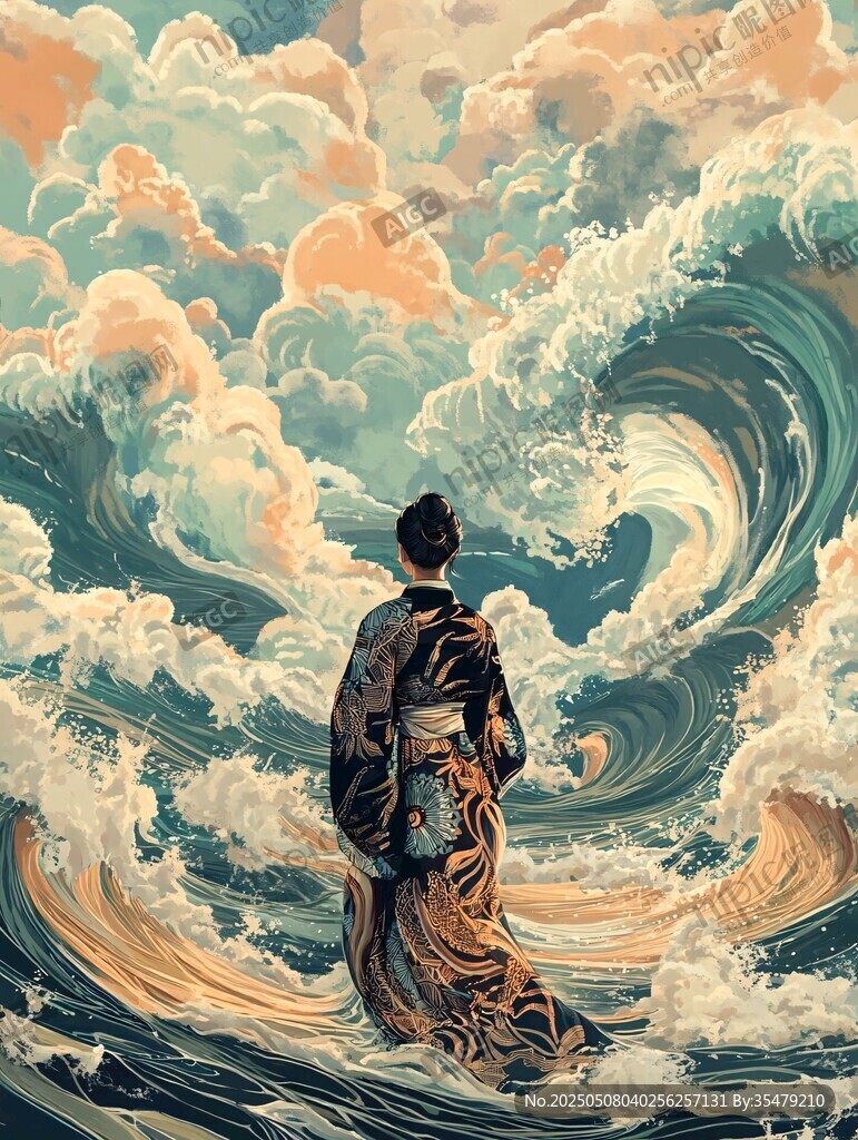 孤身立涛间的古风人物