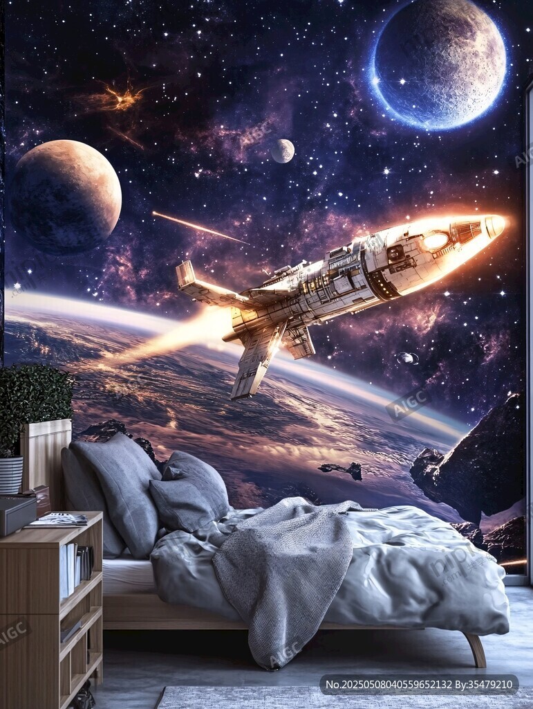 梦幻太空主题卧室墙绘