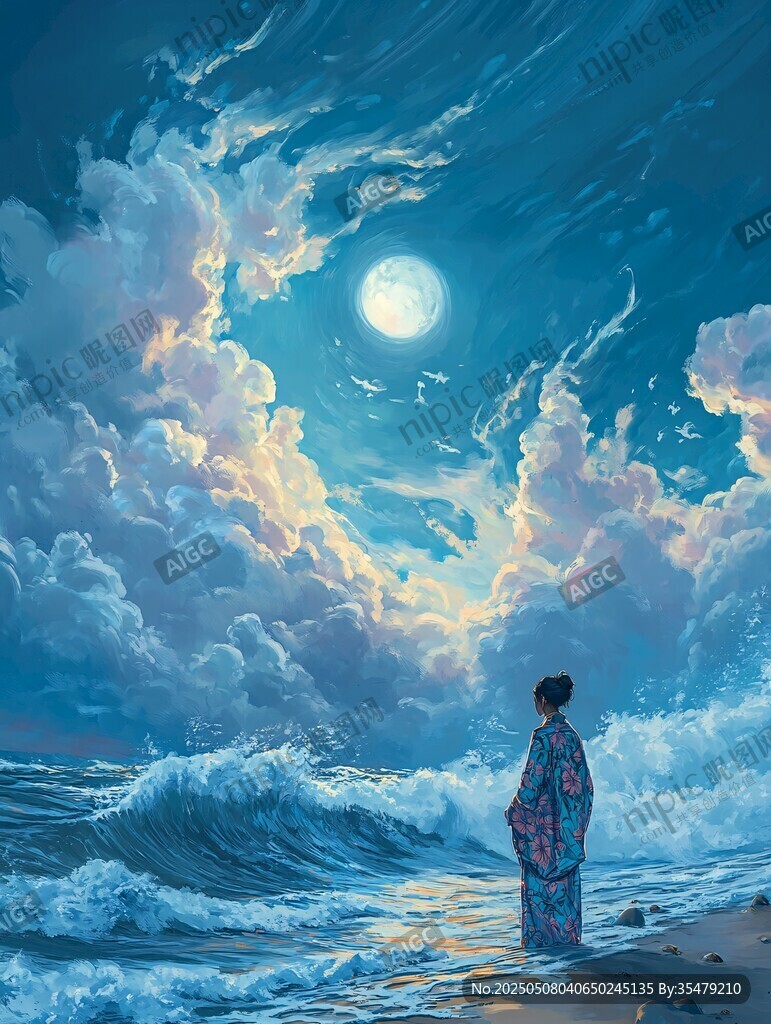 月夜下的海边孤独身影