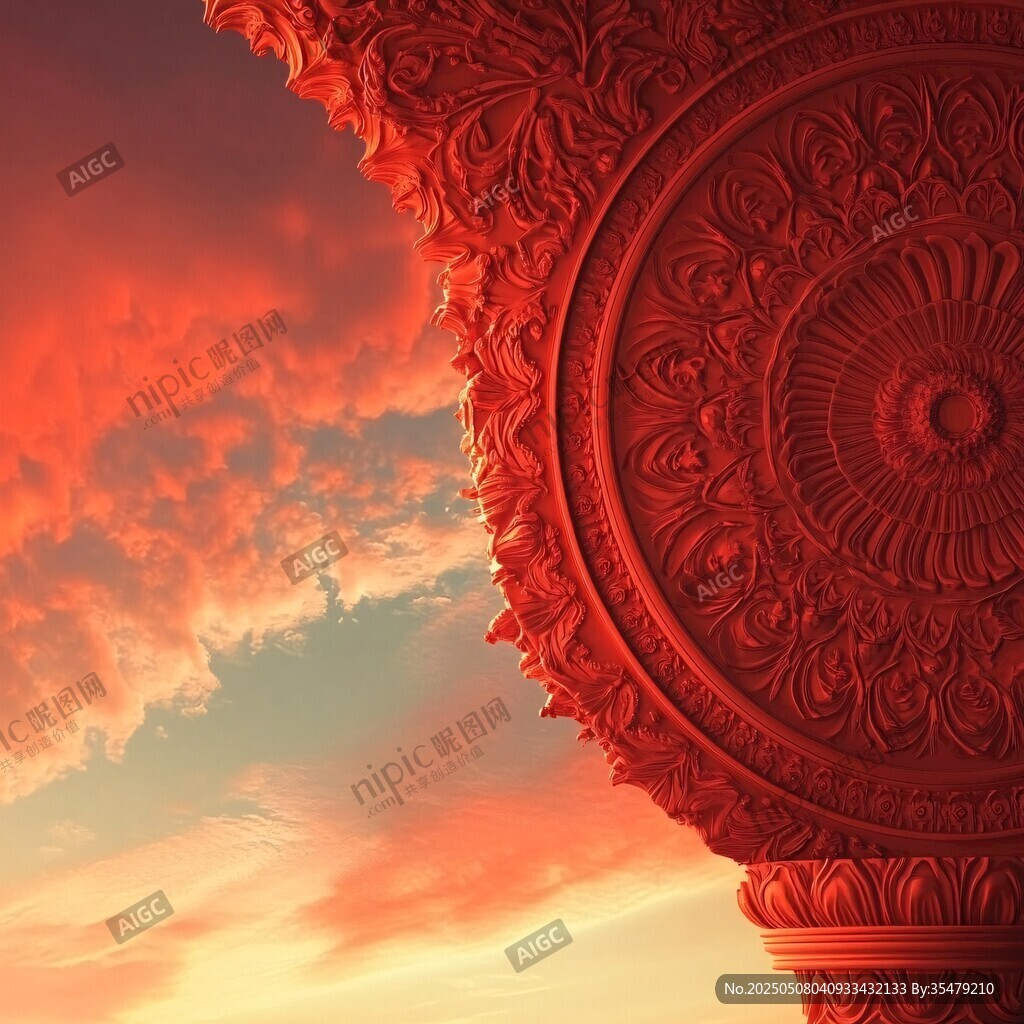 夕阳下的精美红色雕花建筑