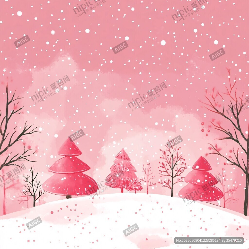 粉色梦幻雪景冬日插画