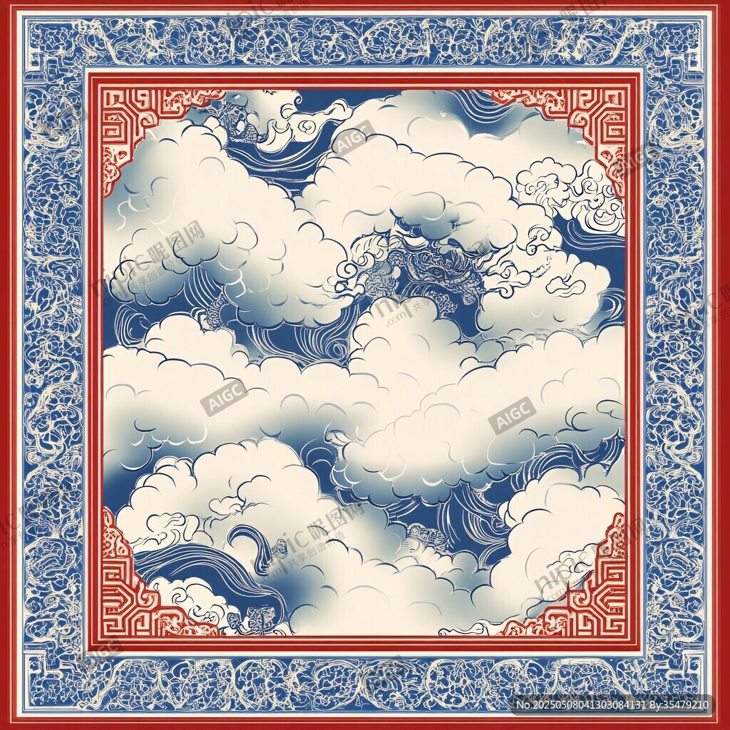 中式云纹图案方形丝巾设计