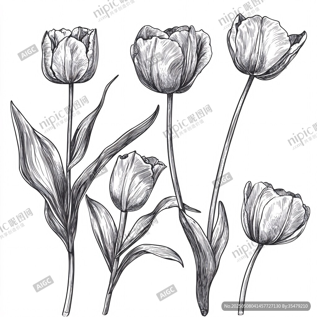 手绘郁金香花卉线稿图