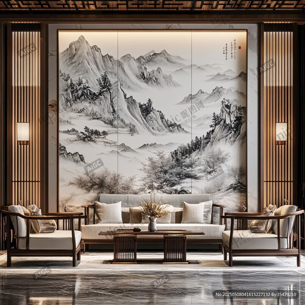 中式客厅山水壁画雅致空间